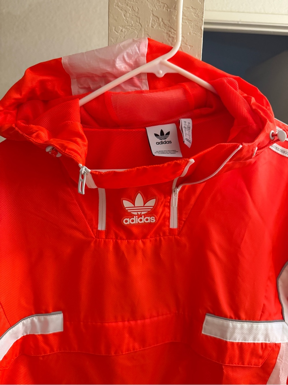 adidas Red Hooded Pullover Jacket with White Accents